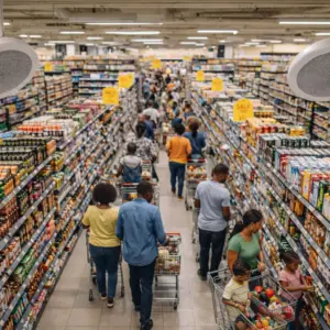 Busy supermarket aisle with shoppers and full shelves of products.